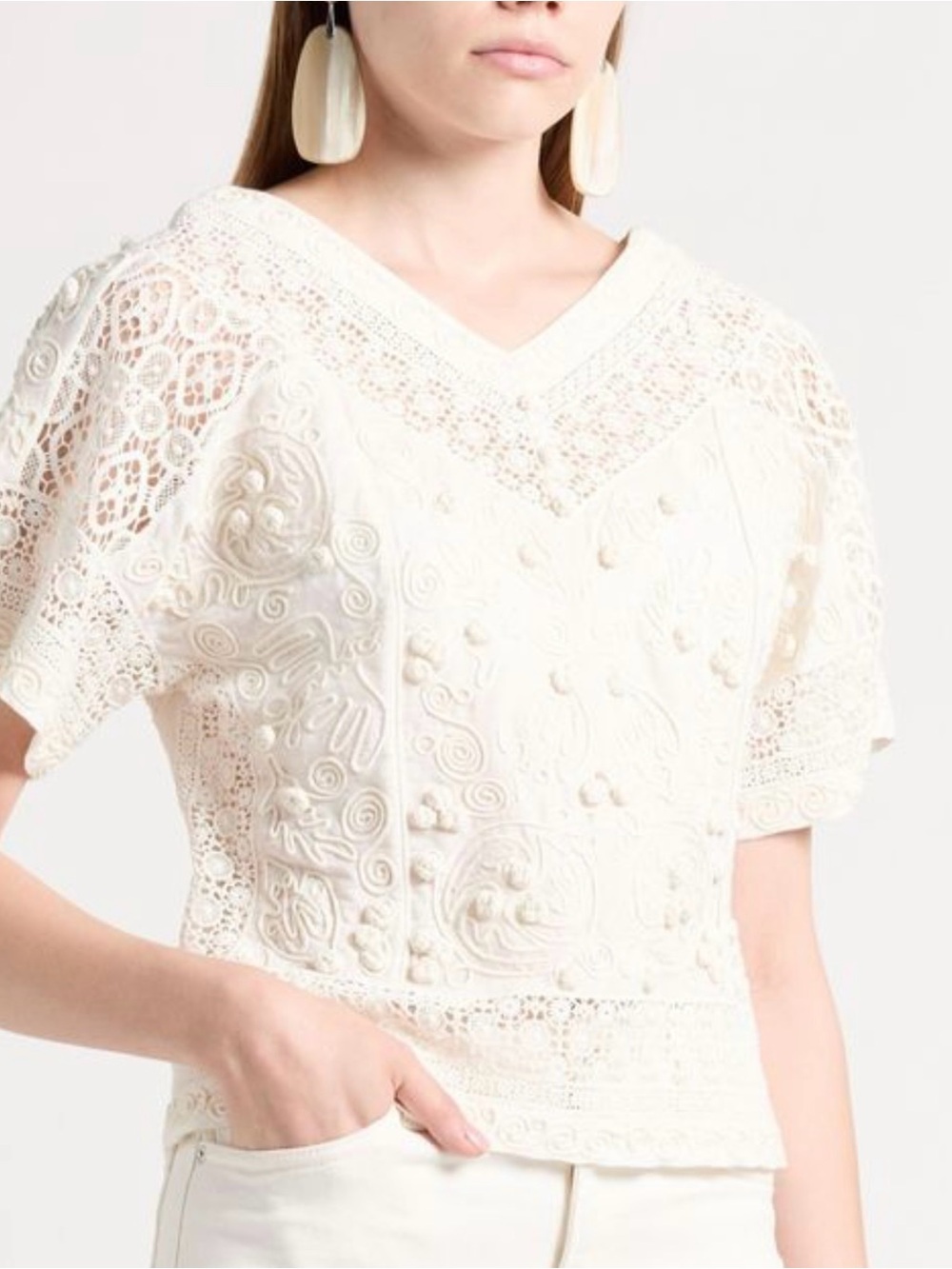 Tory Burch Ivory Embroidered Linen V-Neck Short Sleeve Top